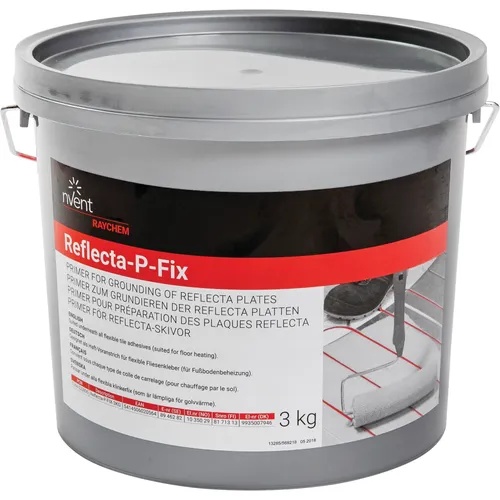 Large plastic tub containing p-fix adhesive with a large label describing it.